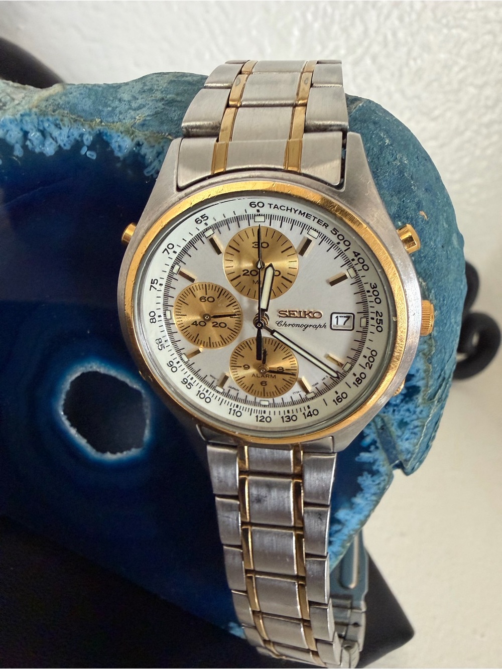 NEAR MINT Seiko Gold Panda 7T32-7C60 Alarm Chronograph Two Tone 1996 WORKING